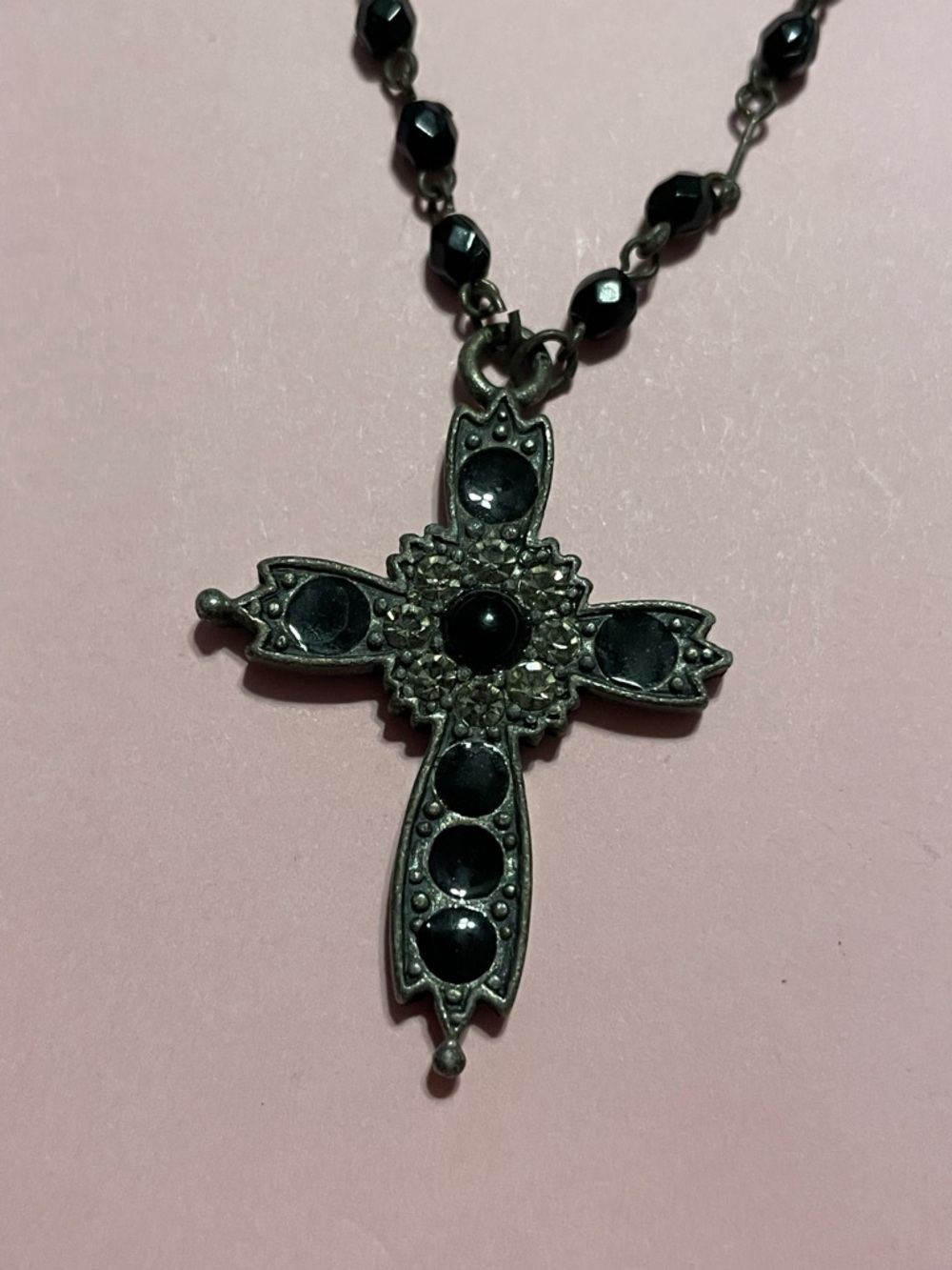 Signed Robert Rose Jet Bead Cross Necklace #9171